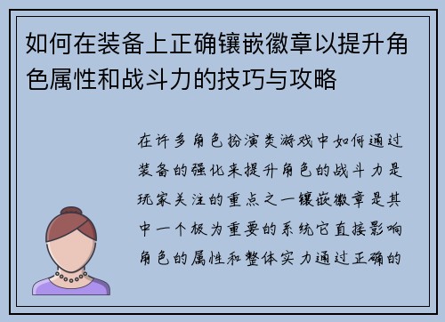 如何在装备上正确镶嵌徽章以提升角色属性和战斗力的技巧与攻略