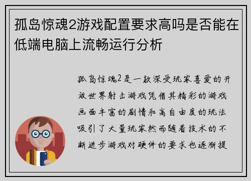 孤岛惊魂2游戏配置要求高吗是否能在低端电脑上流畅运行分析